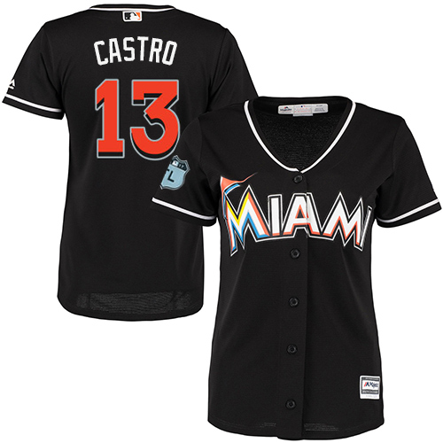 Marlins #13 Starlin Castro Black Alternate Women's Stitched MLB Jersey
